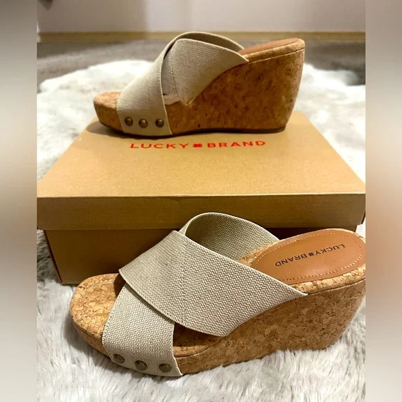 NWT Lucky 🍀Brand 9.5 Natural Linen Elastic Cork Wedge - Picture 3 of 8